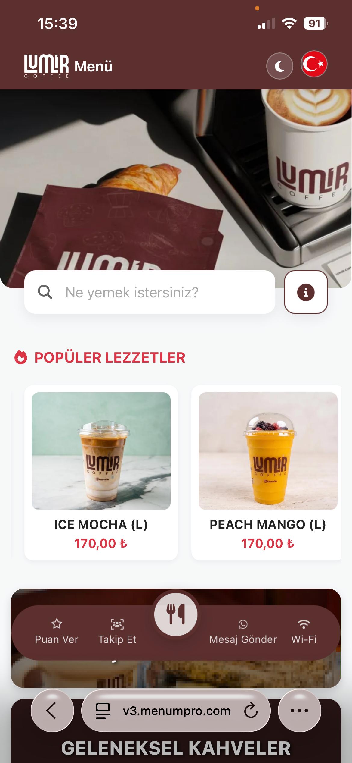 LUMİR COFFEE Dijital QR Menü Tasarımı ve Örneği