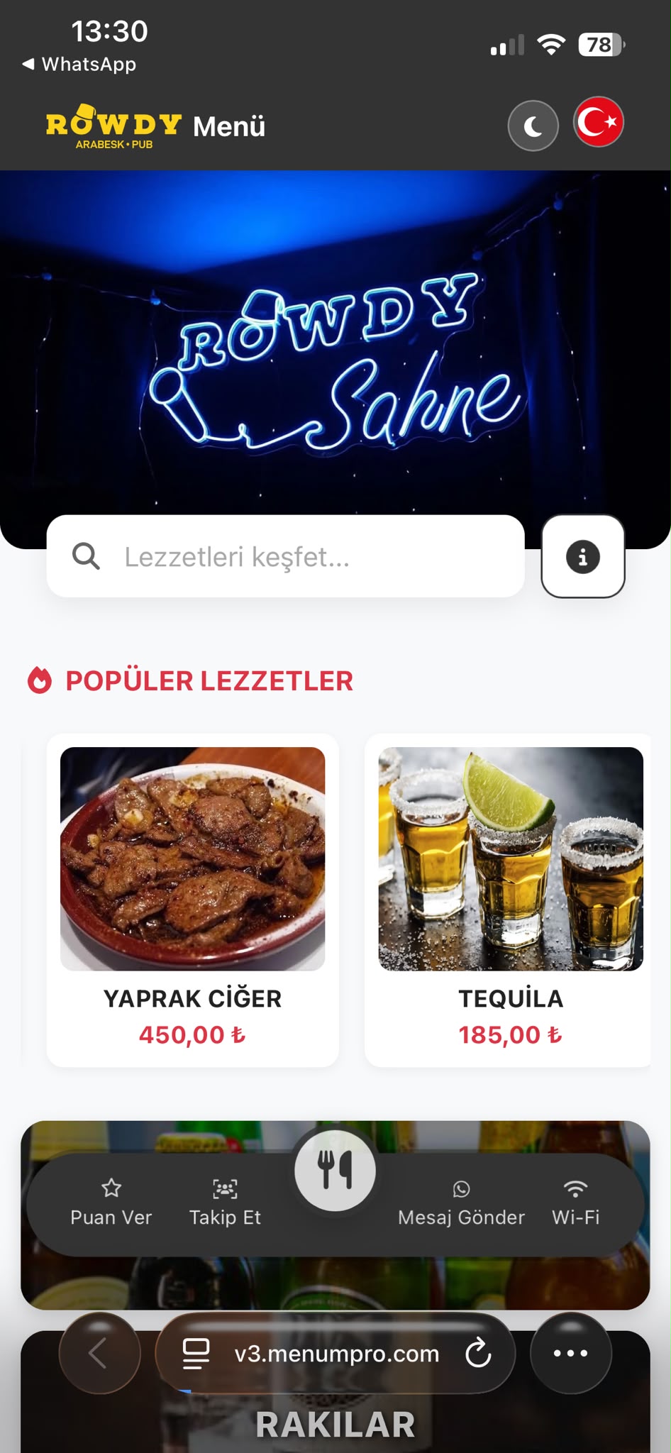 ROWDY PUB Dijital QR Menü Tasarımı ve Örneği