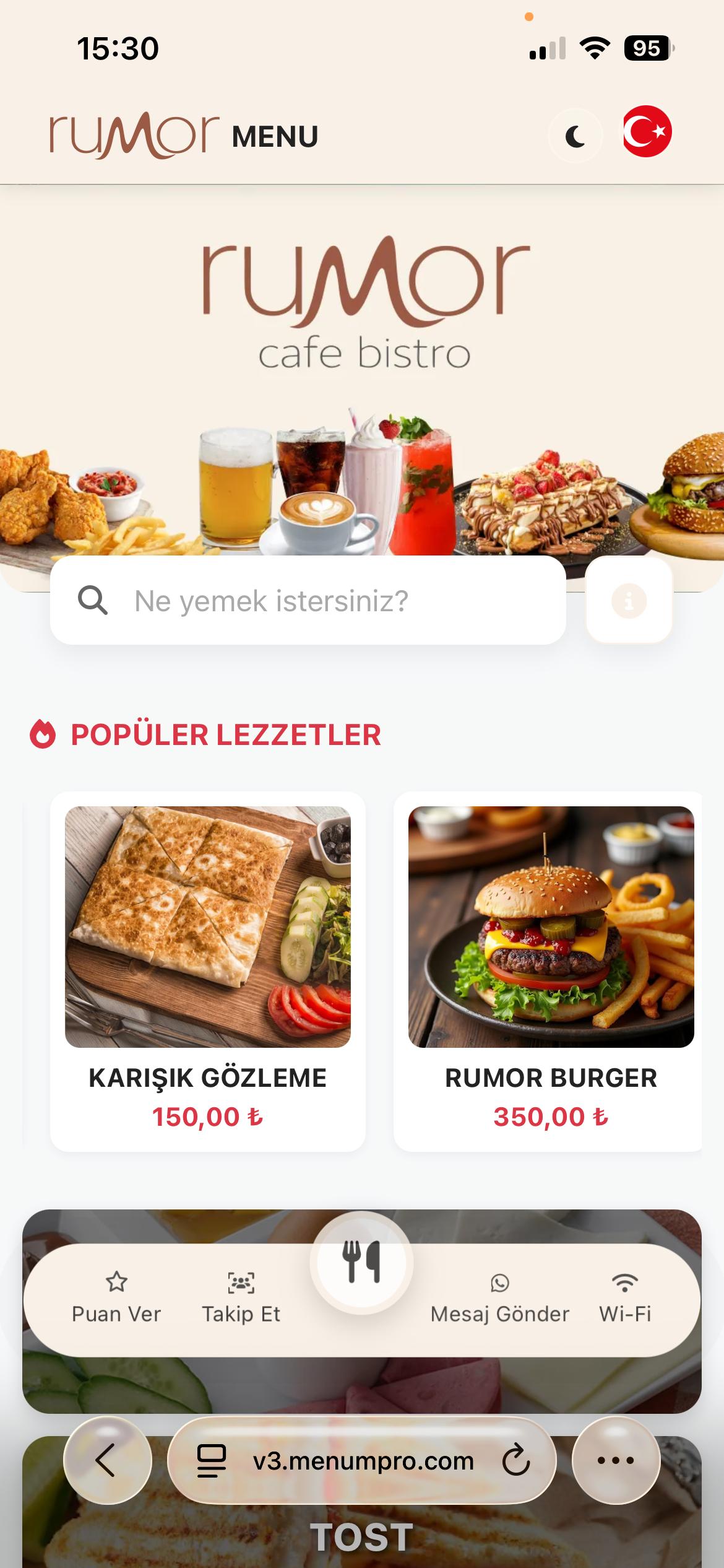 RUMOR CAFE Dijital QR Menü Tasarımı ve Örneği